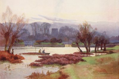Fiume Tamigi: Sutton Courtney Weirs (litografia a colori) da Ernest William Haslehust