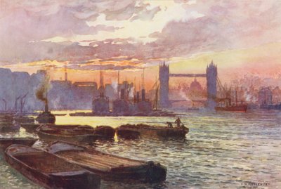 Fiume Tamigi: Il Tower Bridge (litografia a colori) da Ernest William Haslehust