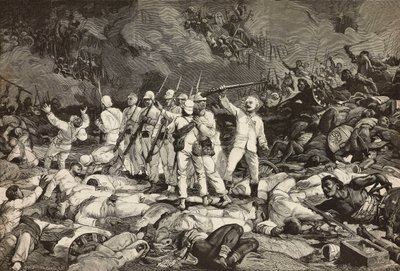 Battaglia di Dogali, ultimi sopravvissuti che presentano le armi, salutando i caduti, Guerra Eritrea, incisione di Ernesto Mancastroppa e Cantagalli da disegno e composizione di Ludovico Pogliaghi, da L