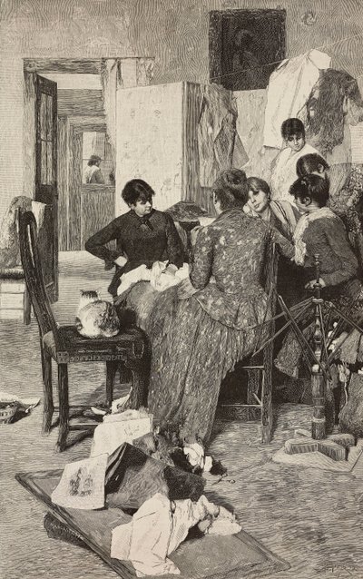 El me dise la so rossa, donna che legge una lettera, da un dipinto di Giacomo Favretto, incisione di Ernesto Mancastropa da L