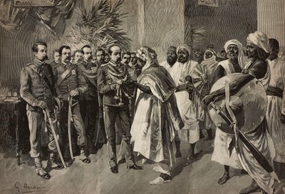 Il generale Tancredi Saletta offre la spada a Kantibai, capo degli Abab, Massaua, guerra eritrea, incisione di Ernesto Mancastroppa da un disegno di G Amato, da L