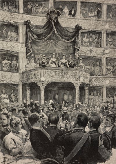 Umberto I e Margherita di Savoia, accompagnati dai sovrani di Germania, al Teatro Argentina in occasione delle celebrazioni delle nozze d
