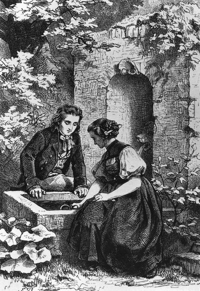 Hermann e Dorothy alla fontana, illustrazione per Hermann e Dorothea, idillio di Johann Wolfgang von Goethe, incisione dopo disegno di Ernst Bosch da Ernst Bosch