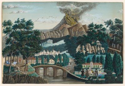Paesaggio con vulcano in eruzione, ponte e festa di matrimonio da Ernst Damitz