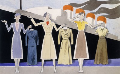 Design di moda che mostra tre modelle che tengono abiti su grucce, con un piroscafo sullo sfondo da Ernst Deutsch Dryden