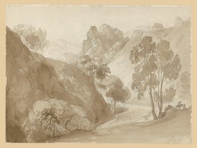 Valle fluviale e paesaggio montano, con figure sul sentiero da Ernst Fries