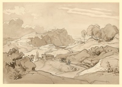 Paesaggio italiano con colline rocciose e alberi, una capanna e figure di staffage lungo il sentiero da Ernst Fries
