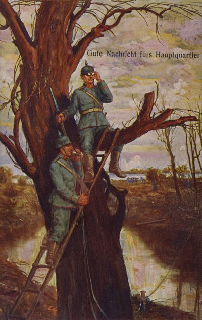 Buone notizie per il quartier generale, soldati tedeschi che osservano il campo di battaglia e riferiscono al quartier generale tramite un telefono da campo, Prima Guerra Mondiale, 1915 da Ernst Heilemann
