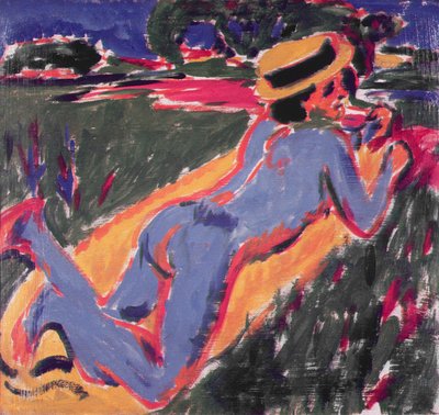 Nudo reclinato blu con cappello di paglia, 1908 da Ernst Ludwig Kirchner