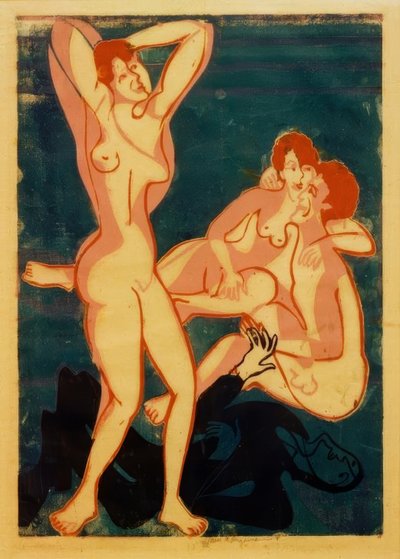 Tre nudi e uomo sdraiato da Ernst Ludwig Kirchner