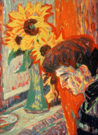 Testa di donna davanti ai girasoli da Ernst Ludwig Kirchner
