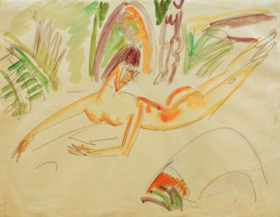 Nudo femminile sdraiato sulla spiaggia di Fehmarn da Ernst Ludwig Kirchner