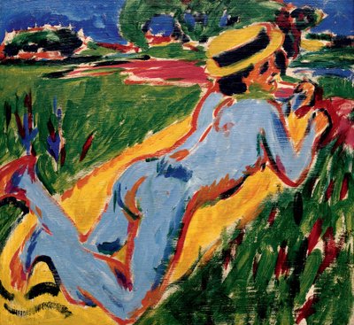 Nudo blu sdraiato con cappello di paglia da Ernst Ludwig Kirchner