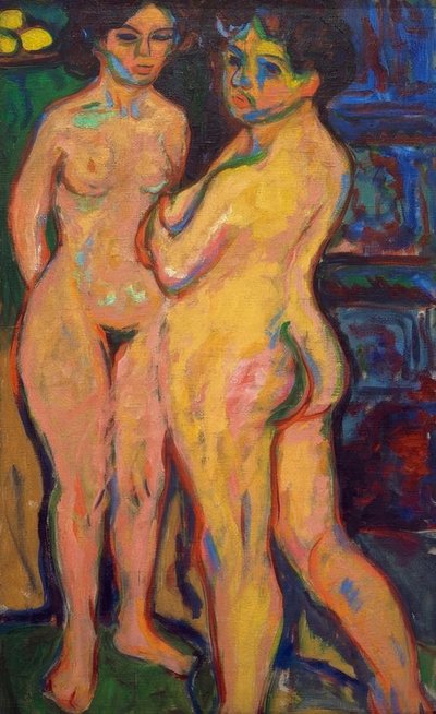 Ragazze nude in piedi vicino alla stufa da Ernst Ludwig Kirchner