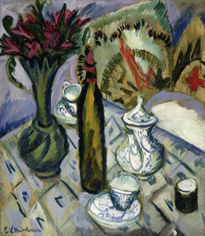Teiera, Bottiglia e Fiori Rossi; Teekanne, Flasche und Rote Blumen, 1912 da Ernst Ludwig Kirchner