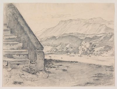 Prospetto con una scala e vista su un paesaggio montano da Ernst Meyer