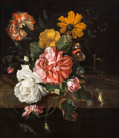 Rose con una farfalla, un moscone e una lumaca su una mensola di pietra da Ernst Stuven