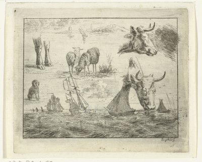 Studio con un paesaggio marino, due teste di mucca, pecore, un cane e due zampe da Ernst Willem Jan Bagelaar