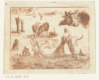 Foglio di studio con una veduta marina, due teste di mucca, pecore, un cane e due zampe da Ernst Willem Jan Bagelaar