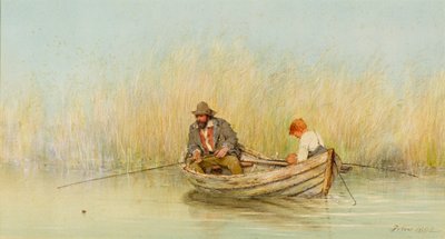 Studio di un uomo e un ragazzo che pescano da una barca da Erskine Nicol
