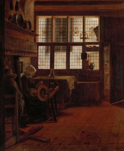 Interno con donna alla ruota del filatoio da Esaias Boursse