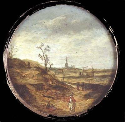 Un paesaggio esteso con viaggiatori su una strada da Esaias II van de Velde