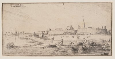 Pescatori in barca a remi di fronte a una città fortificata, da Paesaggi da Esaias van de Velde