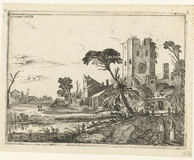 Due monaci su un sentiero vicino a una torre in rovina da Esaias van de Velde