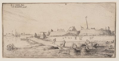 Pescatori in barca a remi di fronte a una città fortificata, da Paesaggi da Esaias van den Velde I