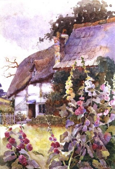 Malvarose fuori da un Cottage con il Tetto di Paglia da Ethel Davies