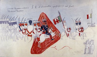 Disegno abissino che rappresenta il Generale Baratieri che cammina verso Adigrat da Ethiopian School