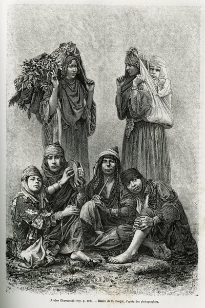 Arabi Ghawarineh, nomadi del bacino del Mar Morto. Incisione di E.Ronjat, per illustrare la storia della Siria di oggi, di M.Lortet, decano della Facoltà di Medicina di Lione, incaricato di una missione scientifica dal Ministero dell
