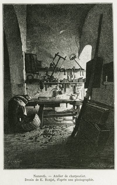 Officina del falegname a Nazareth. Incisione di E. Ronjat, per illustrare la storia La Siria d