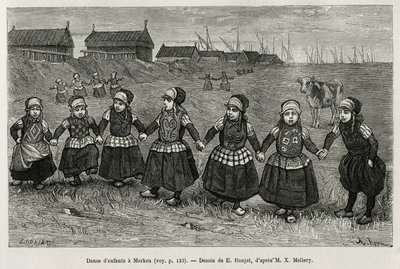 Danza dei bambini a Marken (Paesi Bassi), incisione dal disegno di E. Ronjat, per illustrare la storia dei Paesi Bassi, di Charles de Coster, nel 1878, pubblicato in Le tour du monde da Etienne Antoine Eugene Ronjat