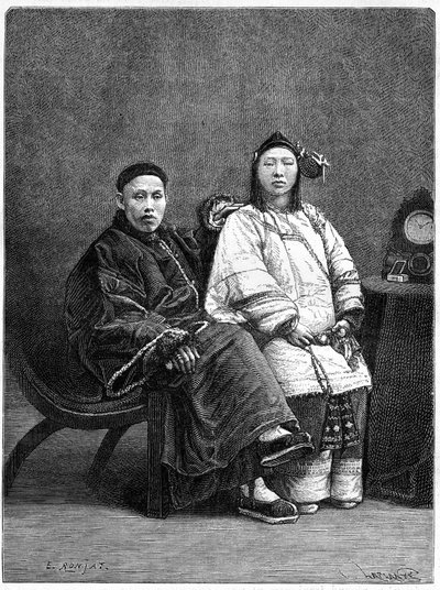 Coppia di notabili cinesi di San Francisco (Stati Uniti) nel XIX secolo. Incisione da un disegno di Ronjat, da una fotografia, in “Le Tour du Monde, Nouveau journal des Voyages”, a cura di Edouard Charton, Parigi da Etienne Antoine Eugene Ronjat