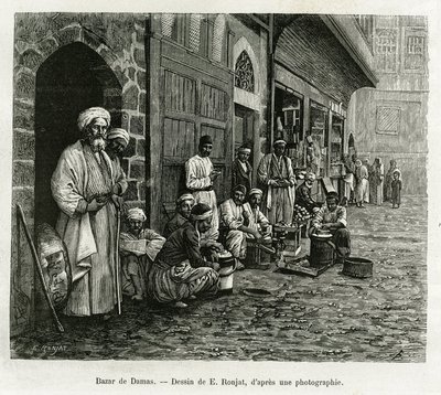Bazar di Damasco. Incisione di E. Ronjat, per illustrare il racconto La Siria di oggi, di M. Lortet, decano della Facoltà di Medicina di Lione, incaricato di una missione dal Ministero dell