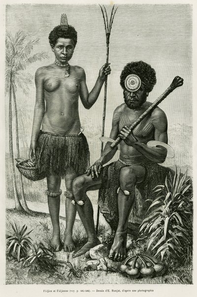 Coppia fijiana. Incisione di E.Ronjat per illustrare la storia 