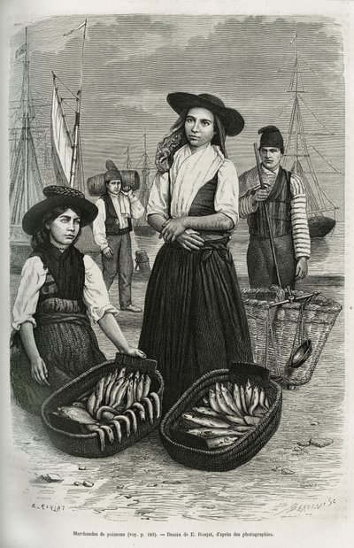 Mercanti di pesce, che indossano il costume tradizionale femminile: gonna corta e pieghettata, corpetto con bottoni d
