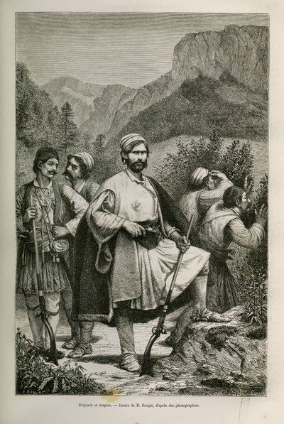 Briganti e pastori greci, complici nelle montagne, disegno di E. Ronjat, per illustrare il racconto di Henri Belle: Viaggio in Grecia da Etienne Antoine Eugene Ronjat