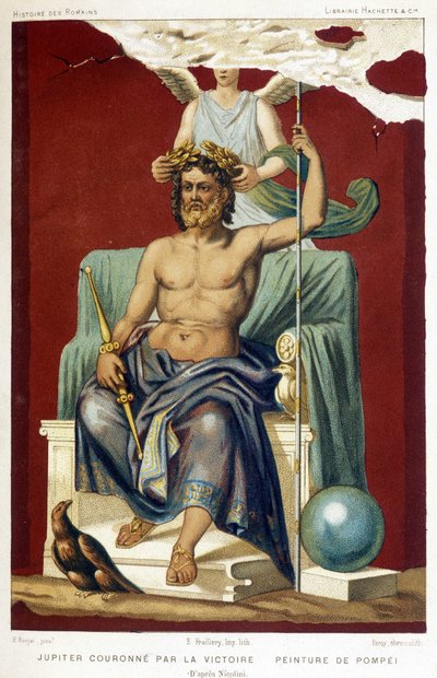 Giove (Zeus) incoronato dalla Vittoria - secondo un affresco di Pompei rilevato da Nicolini da Etienne Antoine Eugene Ronjat
