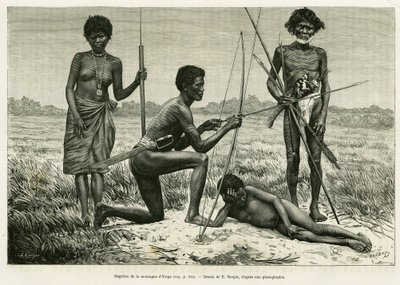Negritos del Monte Yriga. Incisione di E.Ronjat per illustrare il racconto Lucon e Palaouan, sei anni nelle Filippine, di Alfred Marche (1844-1898), in Le Tour du monde 1886, a cura di Edouard Charton (1807-1890), Hachette, Parigi da Etienne Antoine Eugene Ronjat