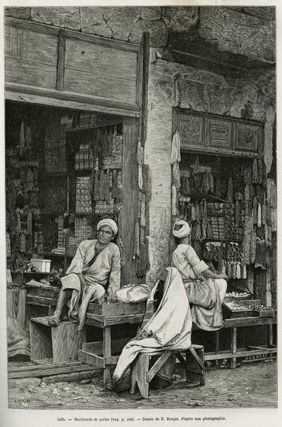 Mercanti di perle a Jaffa (Israele). Incisione di E.Ronjat per illustrare La Siria di oggi, di M.Lortet, decano della Facoltà di Medicina di Lione, incaricato di una missione scientifica dal Ministero dell