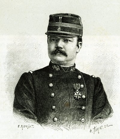 Ritratto del Capitano Valliere, della fanteria di marina, durante la spedizione in Africa sotto il comando di Gallieni. Incisione di E. Ronjat, da una fotografia, per illustrare il racconto 