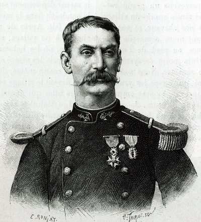 Ritratto del Comandante Joseph Gallieni, durante la spedizione in Africa (1879-1882). Incisione di E. Ronjat da una fotografia, per illustrare la storia "Esplorazione dell