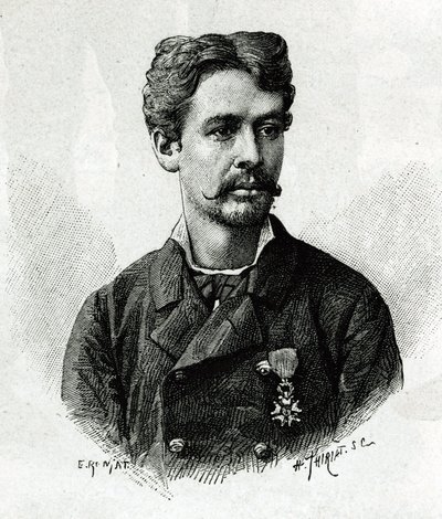 Ritratto del Dottor Tautain, durante la spedizione in Africa 1879-1882, sotto il comando di Gallieni. Incisione di E. Ronjat, da una fotografia, per illustrare la storia "Esplorazione dell
