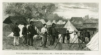 Revisione degli apparati di telegrafia ottica. Incisione di E.Ronjat, per illustrare la storia Trente mois au Tonkin, nel 1884, del dottor Paul Hocquard, in le tour du monde 1890, sotto la direzione di Edouard Charton (1807-1890), Hachette, Parigi. da Etienne Antoine Eugene Ronjat