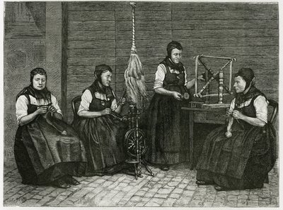Spanditori di Sondernach, descrizione delle diverse fasi della filatura, mano, fuso e fuso. Incisione di E.Ronjat, per illustrare la storia 