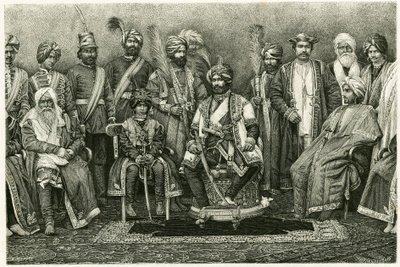 Il maharajah del Kashmir, Rambhir Sing e la sua corte. Incisione di E. Ronjat, per illustrare la storia 