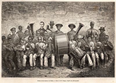 La banda dei bambini della missione del Gabon. Incisione da un disegno di E.Ronjat, per illustrare la crociera sulla costa dell