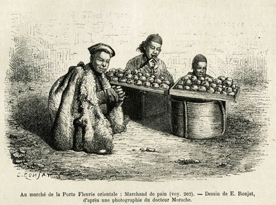 Il mercante di pane, ai piedi della Porta del Fiore Orientale del Palazzo Imperiale a Pechino, una scena quotidiana. Incisione dal disegno di E. Ronjat, per illustrare il viaggio a Pechino e nel Nord della Cina, di T. Choutze, nel 1873, pubblicato in "Le t da Etienne Antoine Eugene Ronjat